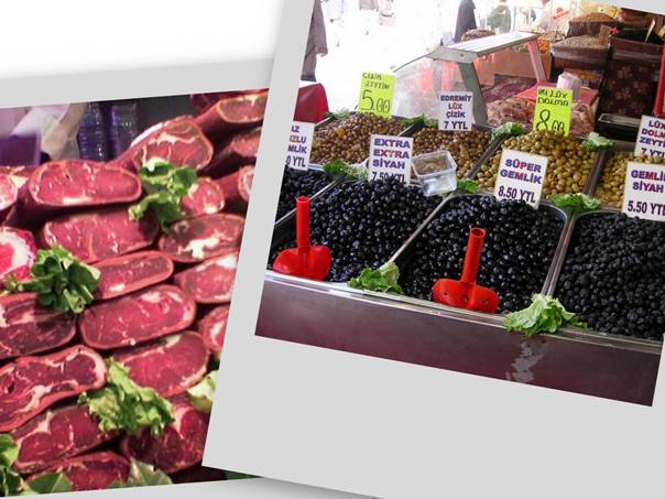 Stalls in the bazaar stock also sweetmeats and pastirma ( Turkish Pastrami). Today's expensive Eastern commodity caviar ( Iranian ) and all kind of olive is also available. 